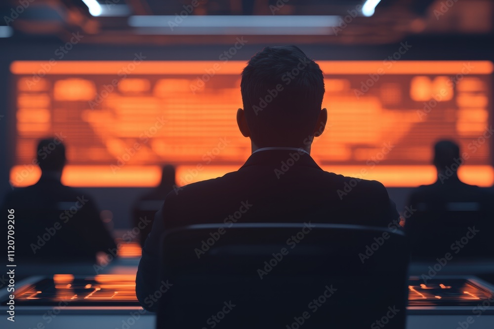 A silhouette of a person in a suit sits before an illuminated screen, suggesting a high-tech command center or strategic meeting. A silhouette of a person in a suit sits before an illuminated screen, suggesting a high-tech command center or strategic meeting.