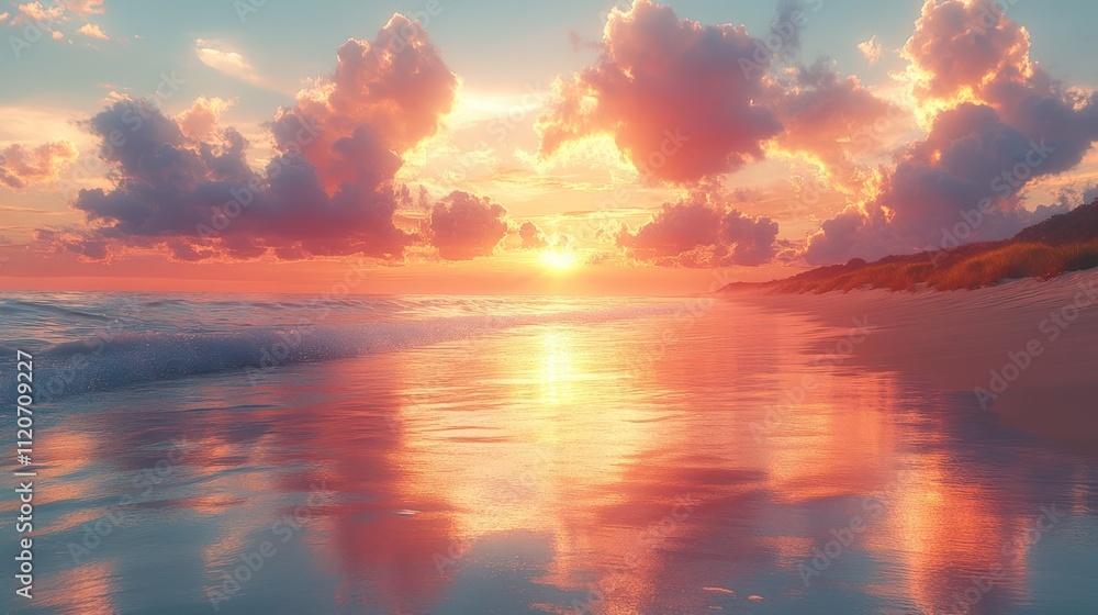 Vibrant sunset reflecting on calm ocean waves at sandy beach. Vibrant sunset reflecting on calm ocean waves at sandy beach.