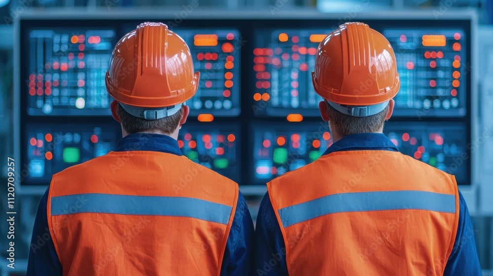 Two workers in orange safety gear observe control panels, highlighting industrial monitoring and teamwork in a technological environment. Two workers in orange safety gear observe control panels, highlighting industrial monitoring and teamwork in a technological environment.