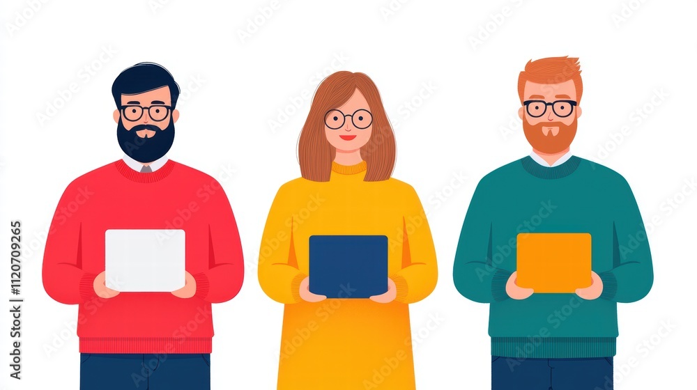Fototapeta premium Three diverse individuals hold laptops, showcasing teamwork and technology in a modern, colorful illustration.