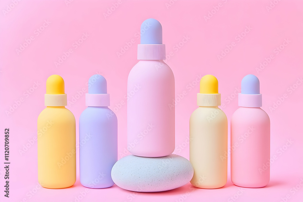 Pastel-colored bottles arranged on a stone against a pink background. Pastel-colored bottles arranged on a stone against a pink background.