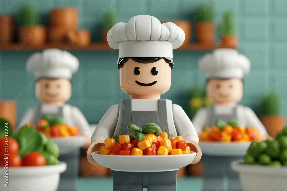 A cheerful chef figure serves a vibrant dish in a colorful kitchen, surrounded by fresh ingredients and fellow chefs. A cheerful chef figure serves a vibrant dish in a colorful kitchen, surrounded by fresh ingredients and fellow chefs.