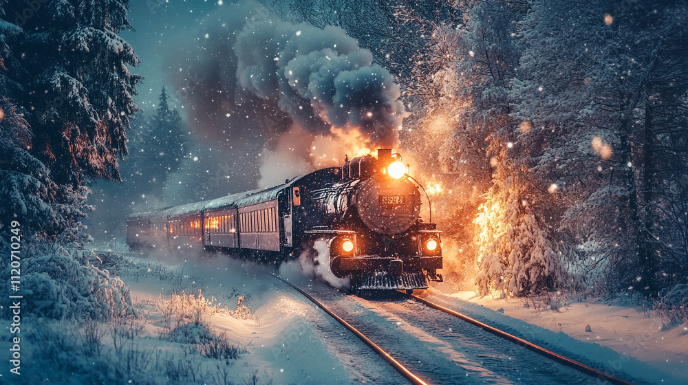 magical nighttime scene with a classic steam train gently gliding through a serene landscape, illuminated by soft lights, evoking feelings of nostalgia and wonder under a starry sky magical nighttime scene with a classic steam train gently gliding through a serene landscape, illuminated by soft lights, evoking feelings of nostalgia and wonder under a starry sky