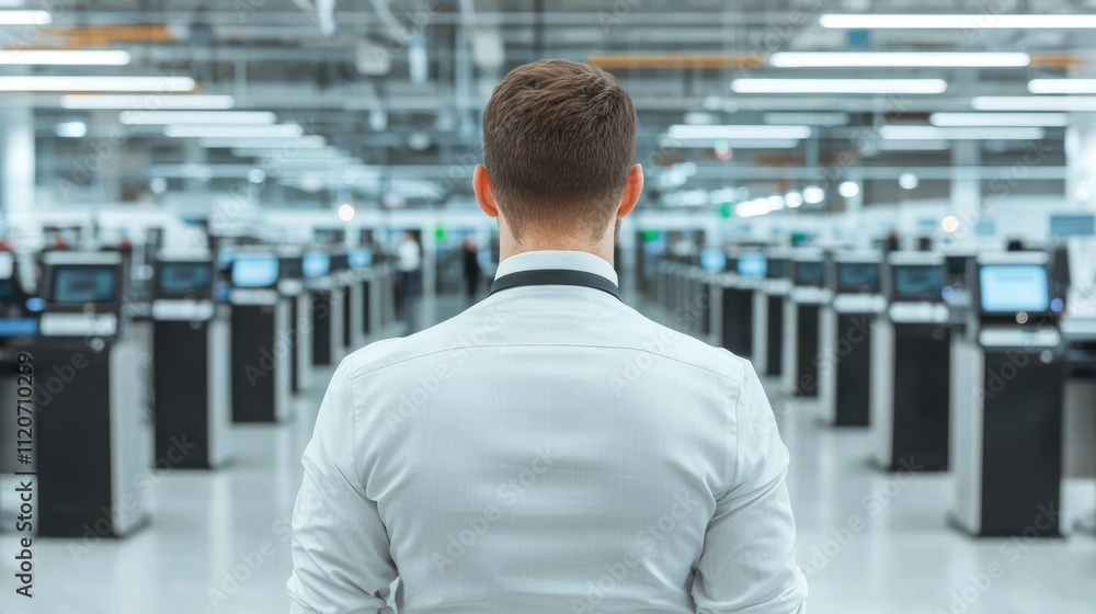 A person stands facing a modern, high-tech workspace filled with numerous computer terminals and equipment, showcasing a sleek, organized environment. A person stands facing a modern, high-tech workspace filled with numerous computer terminals and equipment, showcasing a sleek, organized environment.