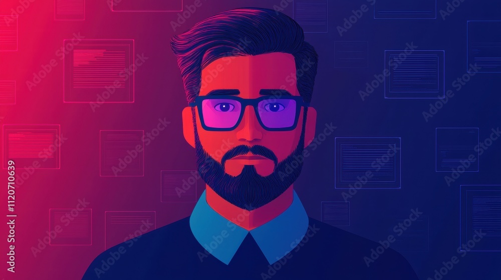 A vibrant digital portrait of a man with glasses and a beard, set against a colorful background, blending modern aesthetics and technology. A vibrant digital portrait of a man with glasses and a beard, set against a colorful background, blending modern aesthetics and technology.