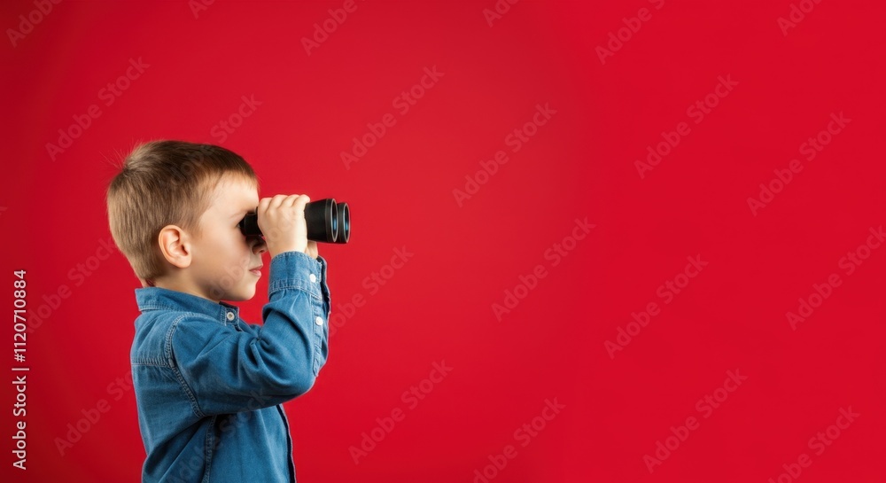 Obraz premium Caucasian boy in denim shirt using binoculars against red background