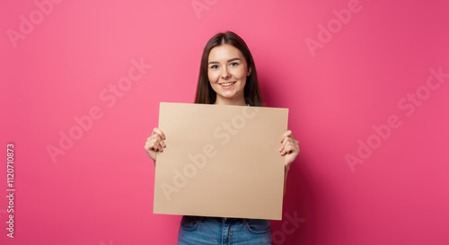 Young Caucasian woman holding blank cardboard sign against pink background