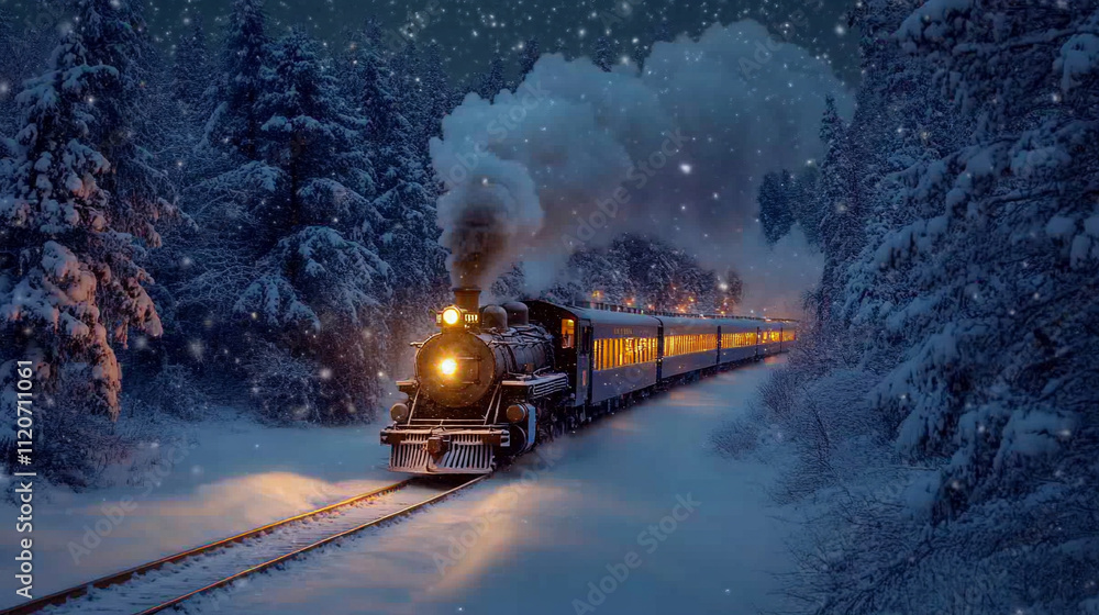 magical nighttime scene with a classic steam train gently gliding through a serene landscape, illuminated by soft lights, evoking feelings of nostalgia and wonder under a starry sky magical nighttime scene with a classic steam train gently gliding through a serene landscape, illuminated by soft lights, evoking feelings of nostalgia and wonder under a starry sky