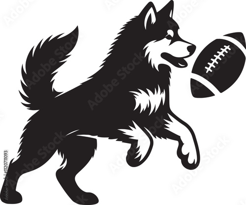 Alaskan Malamute dog playing football vector art