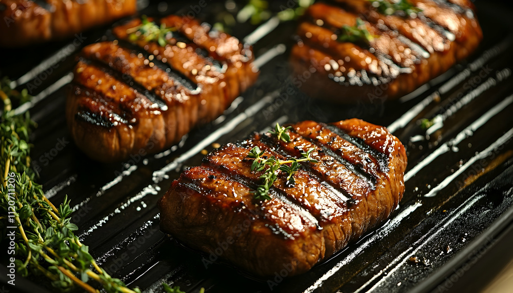 Grilled steaks with grill marks and herbs on a cooking surface. Grilled steaks with grill marks and herbs on a cooking surface.