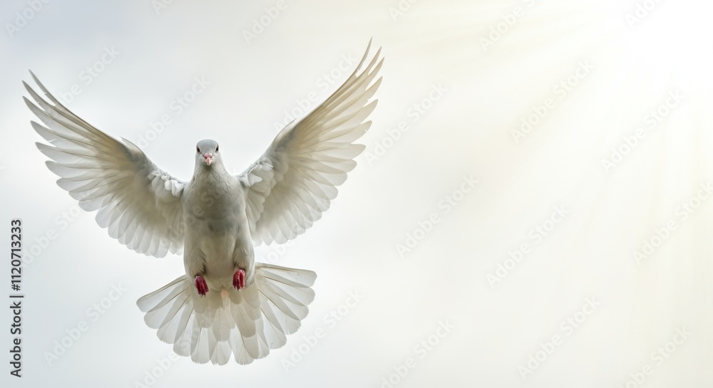 Obraz premium White dove in flight against bright sky with sunlight rays