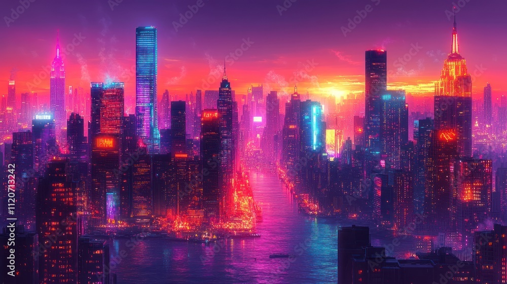 Fototapeta premium Vibrant city skyline at sunset with colorful lights reflecting on water.