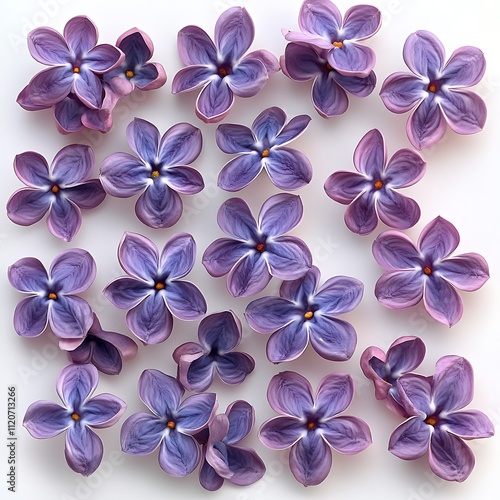 Beautiful Arrangement of Purple and Lilac Flowers on a White Background for Creative Projects and Design Inspirations