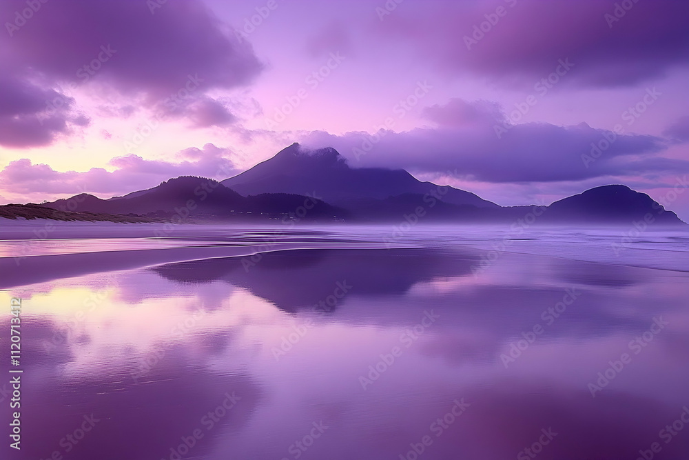 Purple sunset reflecting on calm beach water with mountains in the background. Purple sunset reflecting on calm beach water with mountains in the background.