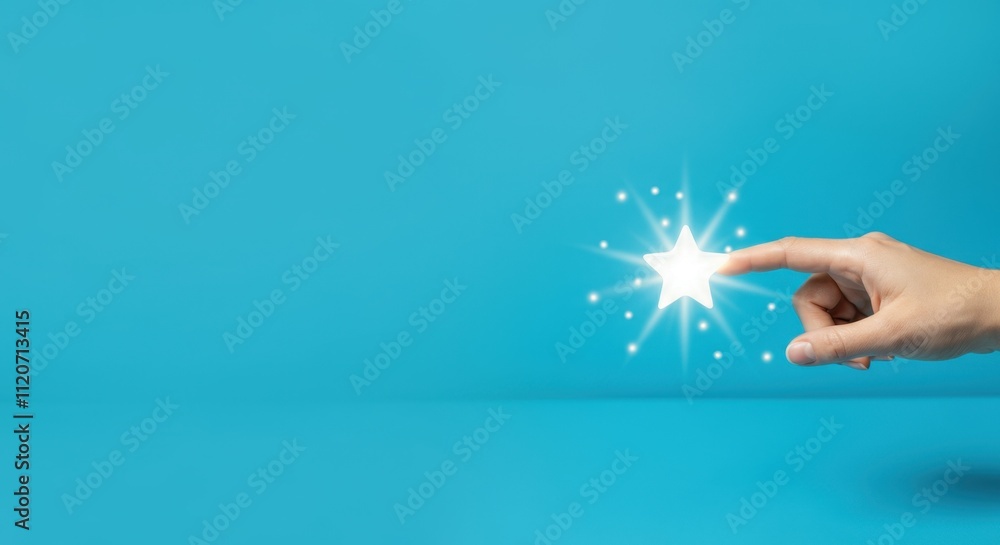 Fototapeta premium Hand of light-skinned female touching glowing star on blue background