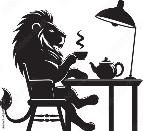 Sitting lion with tea cup silhouette vector art photo