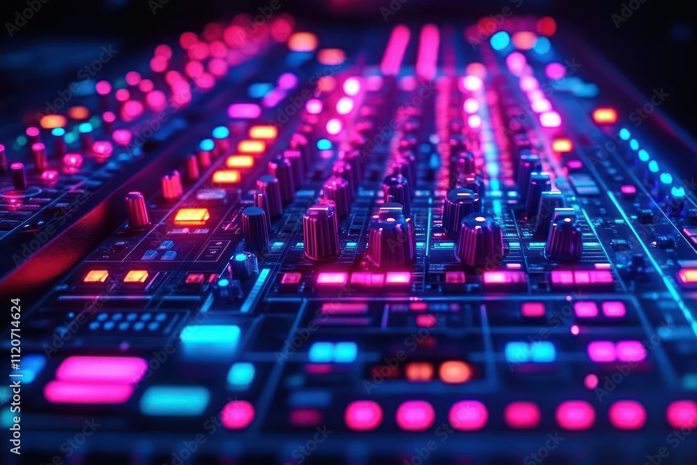 Sound Mixing Console with Glowing Lights at Live Music Event Night Performance Sound Mixing Console with Glowing Lights at Live Music Event Night Performance