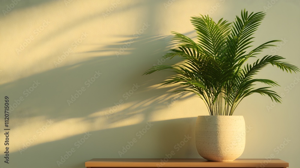 A tranquil evening atmosphere with soft lighting creating warm shadows from a lush potted plant. Stress Awareness Day Concept A tranquil evening atmosphere with soft lighting creating warm shadows from a lush potted plant. Stress Awareness Day Concept