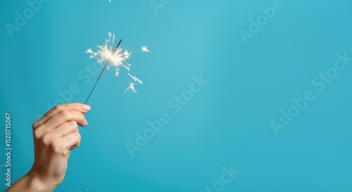 Hand holding lit sparkler against blue background