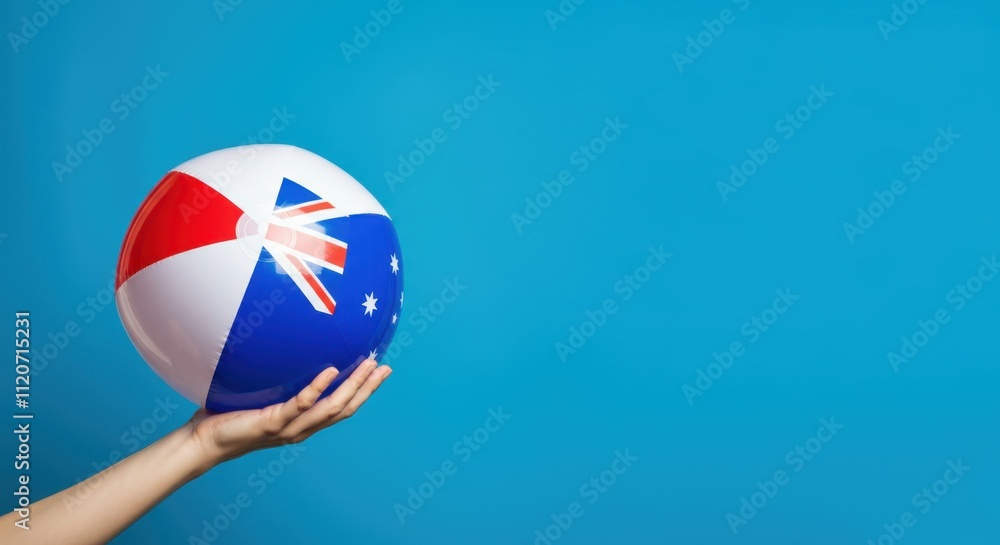 Naklejka premium Hand holding beach ball with geometric design on blue background