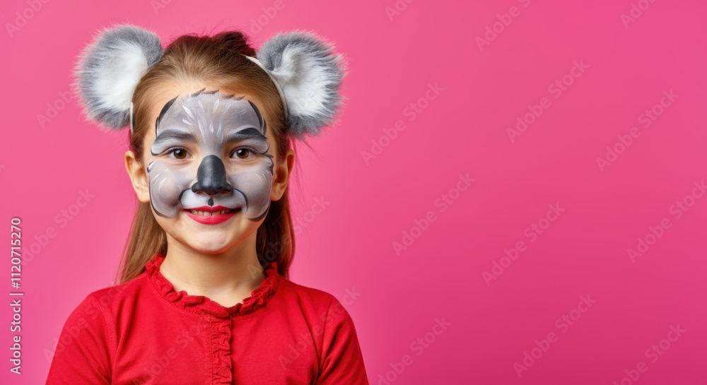 Smiling girl with face paint and animal ears against pink background Smiling girl with face paint and animal ears against pink background