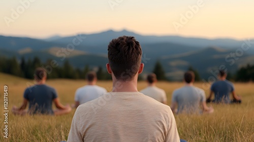 Outdoor Yoga Session: A Journey into Collective Mindfulness Amidst Nature's Serenity. Stress Awareness Day Concept photo