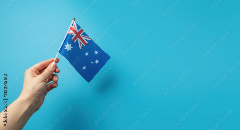 Hand holding Australian flag against blue background Hand holding Australian flag against blue background
