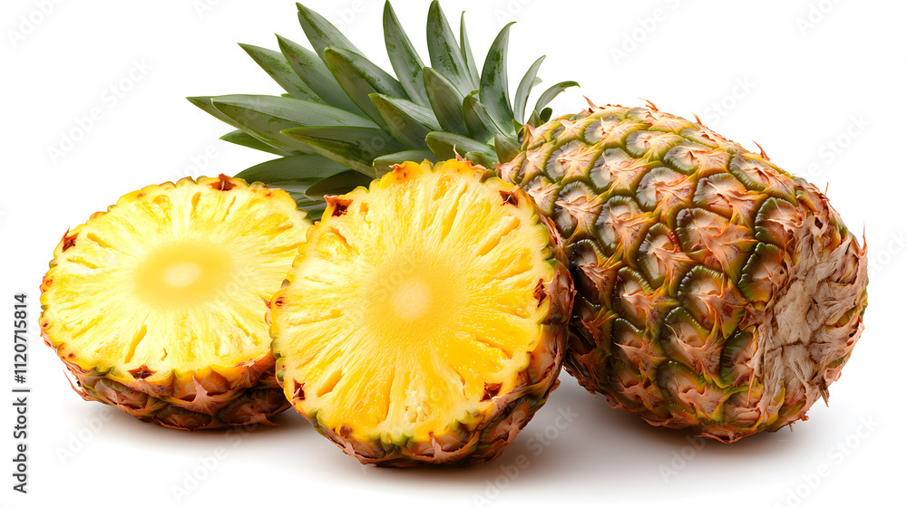 A whole pineapple and two juicy slices, showcasing the vibrant yellow flesh and textured brown skin. The leaves are fresh and green, creating a tropical feel. A whole pineapple and two juicy slices, showcasing the vibrant yellow flesh and textured brown skin. The leaves are fresh and green, creating a tropical feel.