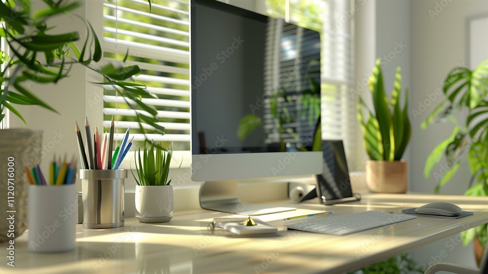 Fototapeta premium Photorealistic image of a cozy home office with plants and sunlight 