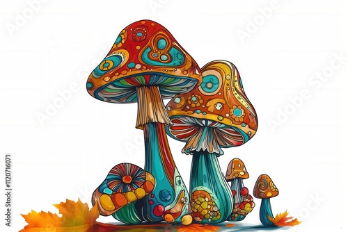 Colorful Mushrooms Artistic Design Unique Shapes Patterns Bright Colors photo