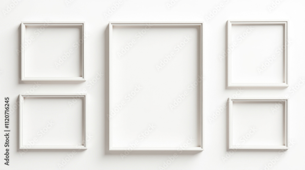 Minimalist Collection of Empty Wall Frames Displaying Modern Interior Design in White Background for Art and Photography Showcase. Minimalist Collection of Empty Wall Frames Displaying Modern Interior Design in White Background for Art and Photography Showcase.