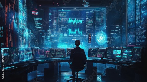 Wallpaper Mural Hacker monitoring data on multiple screens in dark room. Torontodigital.ca