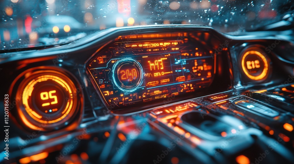 Futuristic car dashboard with digital displays and illuminated controls at night in the rain. Futuristic car dashboard with digital displays and illuminated controls at night in the rain.