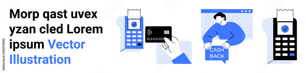 Digital card reader, hand holding a credit card, person with cashback sign. Ideal for online payment, e-commerce, financial services, retail, tech solutions, banking, mobile transactions. Landing Digital card reader, hand holding a credit card, person with cashback sign. Ideal for online payment, e-commerce, financial services, retail, tech solutions, banking, mobile transactions. Landing