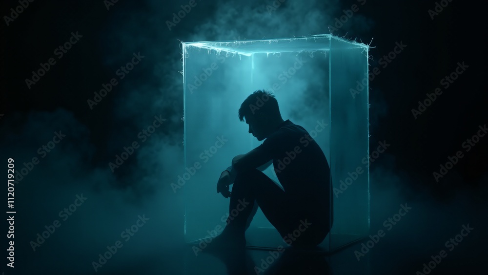 Silhouette trapped in a glass cube surrounded by swirling blue fog, distorted by external hands. A haunting portrayal of anxiety and emotional fragility Silhouette trapped in a glass cube surrounded by swirling blue fog, distorted by external hands. A haunting portrayal of anxiety and emotional fragility