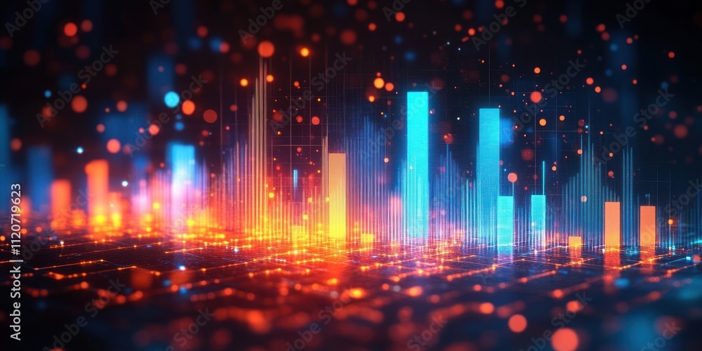 Digital Abstract Chart Background with Blue and Orange Bar Graphs in Neon Light for Business Statistics and Financial Trends Digital Abstract Chart Background with Blue and Orange Bar Graphs in Neon Light for Business Statistics and Financial Trends