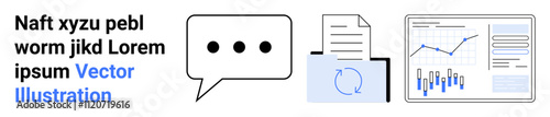 Three main elements text and speech bubble, file with circular arrows, bar and line charts. Ideal for data analysis, communication, document management, business presentations, statistical