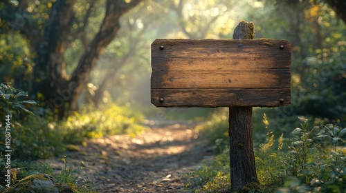 Blank wooden signpost on a forest trail.