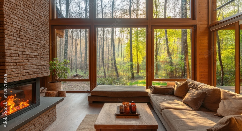 Cozy living room with fireplace and large windows overlooking autumn forest. Cozy living room with fireplace and large windows overlooking autumn forest.