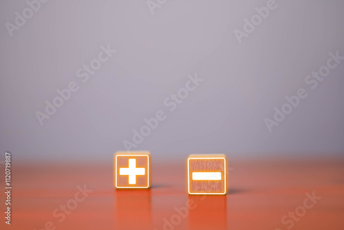Konstfotografi Plus and minus wood block, Wooden blocks with plus minus icons displayed, Plus sign wood block against minus, decision, comparing pros and cons