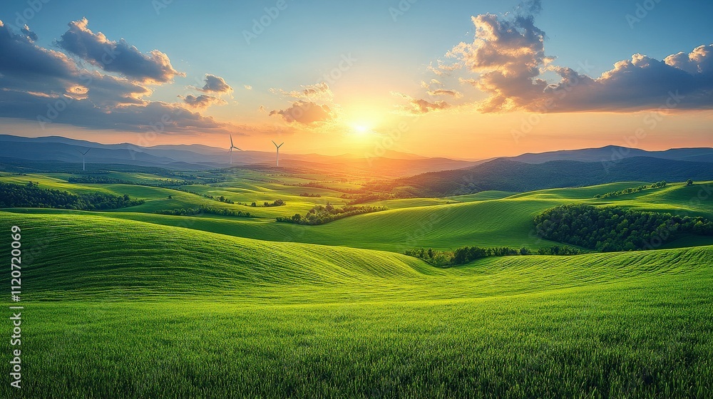 Obraz premium Breathtaking Sunrise Over Rolling Green Hills with Wind Turbines in the Distance, Showcasing the Beauty of Nature and Renewable Energy in Harmony