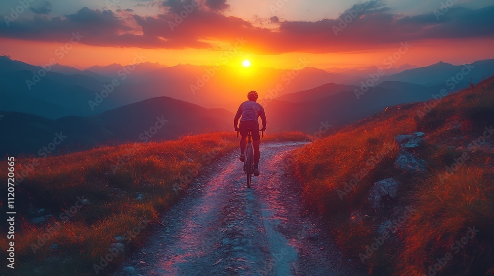 Cyclist riding gravel road at sunset, mountain landscape.