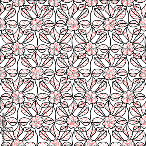 Florals and leaf polka dots repeat seamless pattern.Botanical nature hand drawn red black on white background.Abstract tropical plans flat style vector.For  textile,package,fabric,banners,decoration.