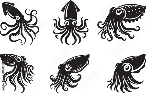 Black squid set vector illustration, Squid silhouette