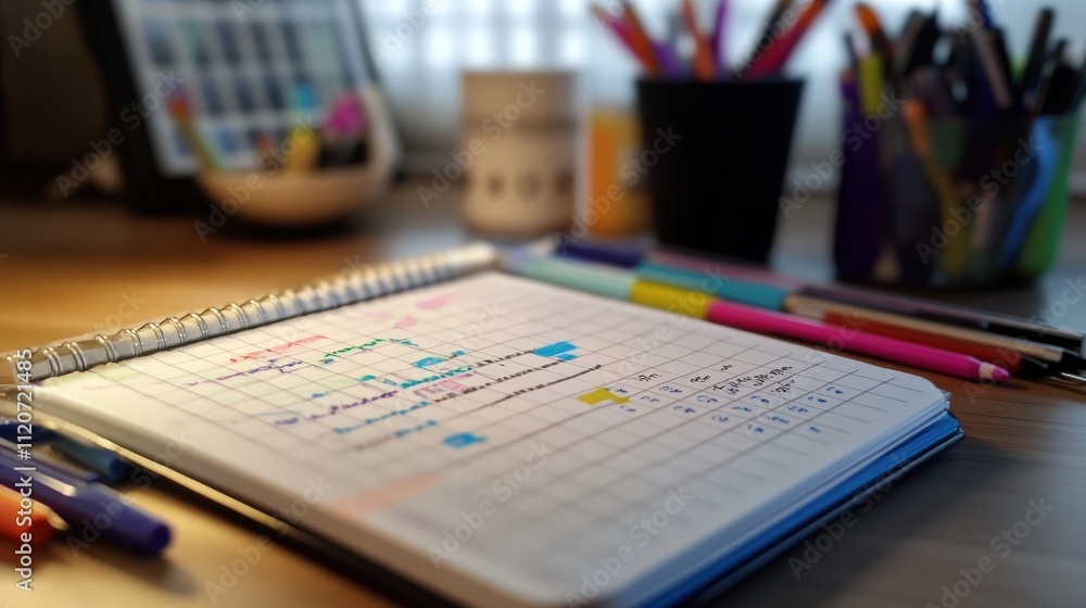 Colorful Pens and Notebook on Desk Colorful Pens and Notebook on Desk