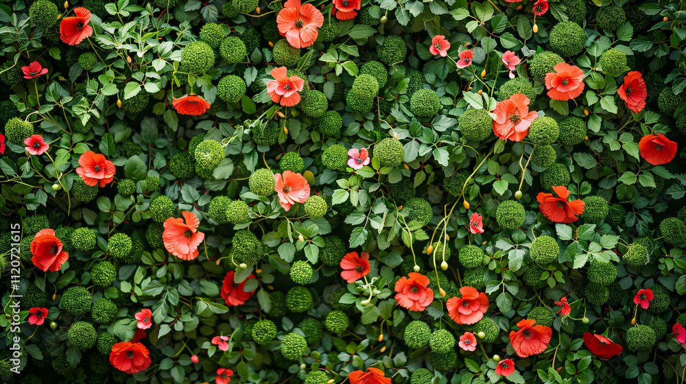 Obraz premium Artificial Grass Wall: Pretty fake grass wallpaper with red flowers.