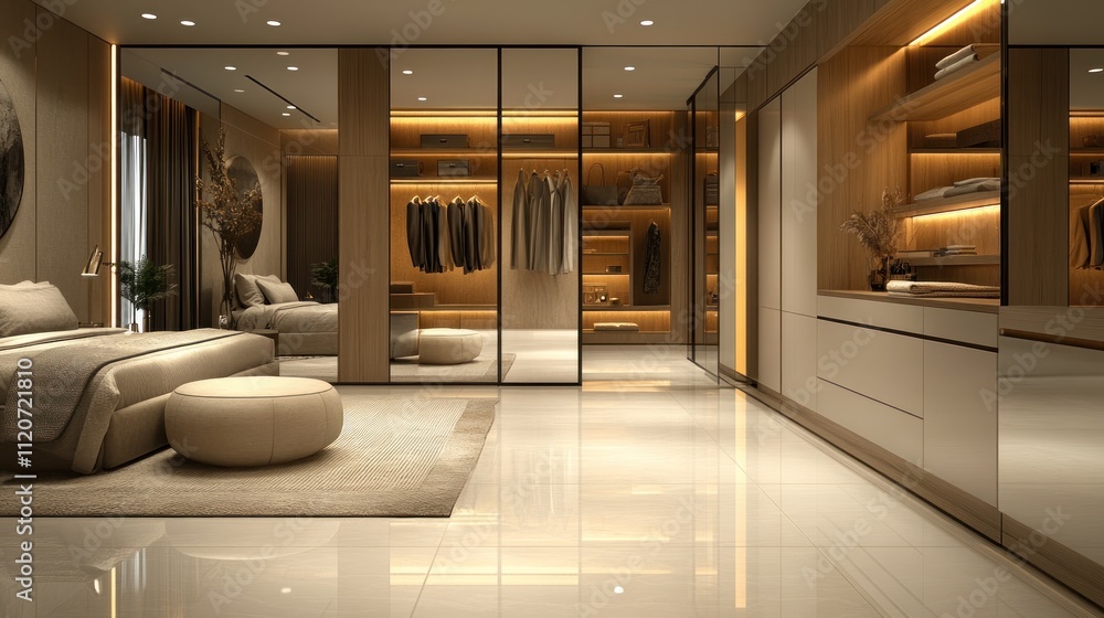 Fototapeta premium Modern bedroom with walk-in closet and luxurious interior design.