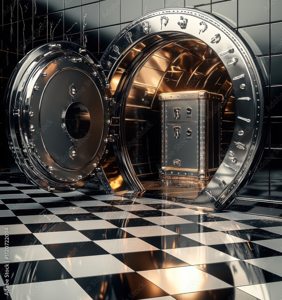 A Luxurious Bank Vault Interior with Shiny Metal Surfaces and Retro Checkerboard Floor Featuring an Open Safe Door and Gleaming Safe A Luxurious Bank Vault Interior with Shiny Metal Surfaces and Retro Checkerboard Floor Featuring an Open Safe Door and Gleaming Safe