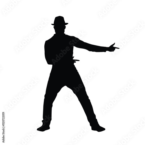 Silhouette pose of a man with a hat standing with both hands pointing to the side