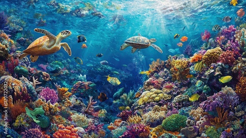 Vibrant Coral Reef Seascape with Majestic Sea Turtles